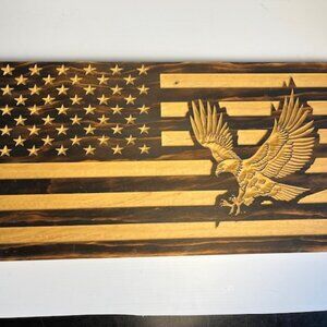 Handcrafted burnt carved wooden American flag with an eagle design 21" x 11.5"